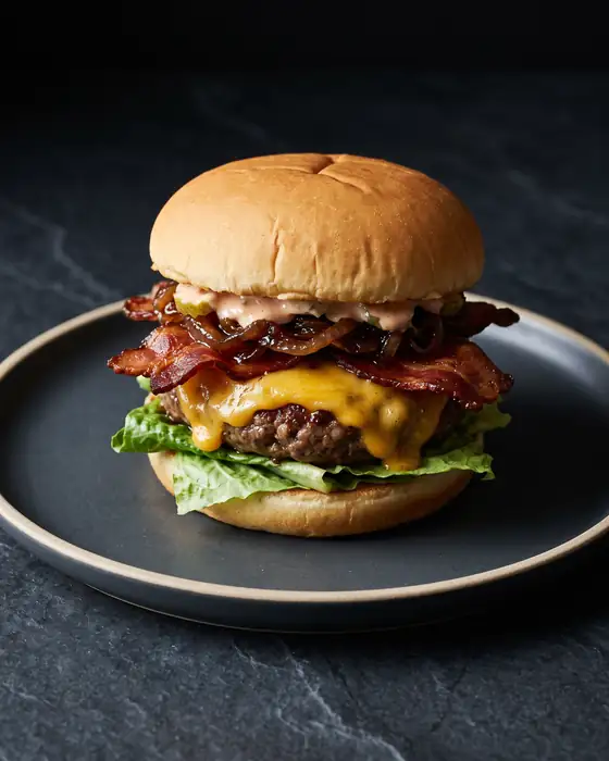 A bacon cheeseburger seen from the side: toasted bun, melted cheddar, crisp bacon and lettuce.