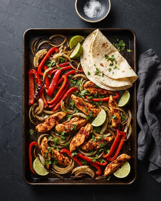 Sheet pan chicken fajitas: strips of chicken with red peppers and onions on a dark sheet pan, with warm tortillas and lime wedges.