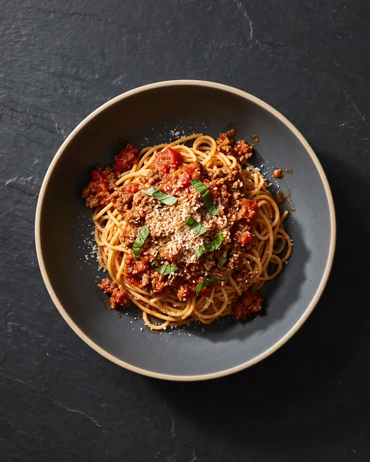Spaghetti bolognese in a dark stoneware bowl, topped with grated parmesan and torn basil.