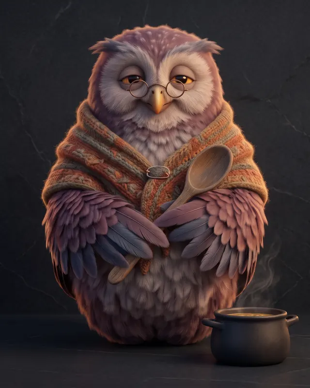 The Supper Owl: a grandmother owl in round glasses and a knitted shawl, holding a wooden spoon next to a pot of soup.