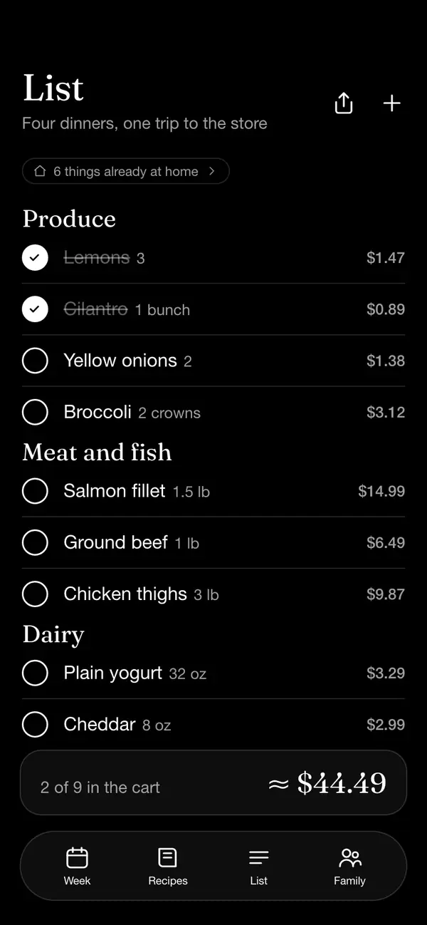 The grocery list: Produce, Meat and fish, and Dairy, with lemons and cilantro already checked off.