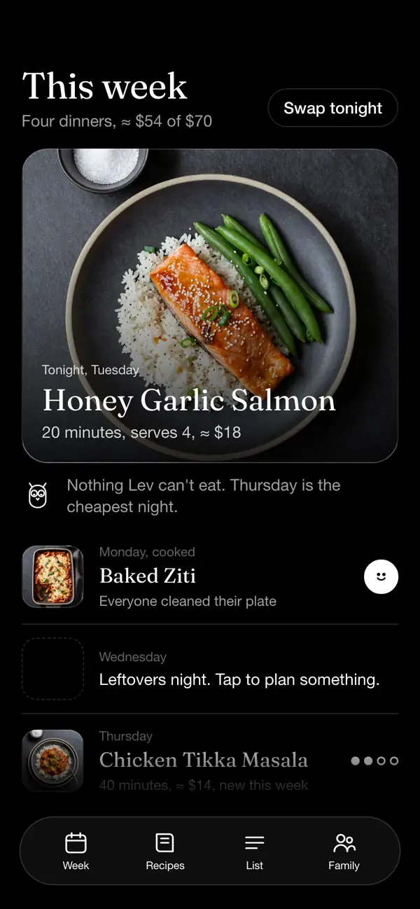 The week screen in Supper Owl, with Honey Garlic Salmon tonight.